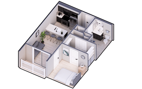 A 3D floor plan of a house with a kitchen, living room, and bedrooms.