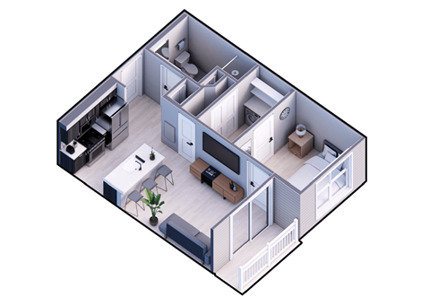 A 3D image of a house layout with a kitchen, living room, and bathroom.
