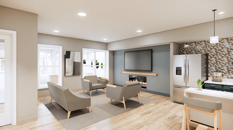 A modern living room with a grey sofa set and a stone backsplash in the kitchen.