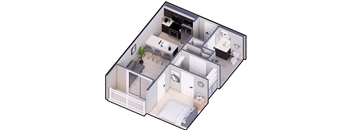 A 3D floor plan of a small apartment with a kitchen, living room, and bedroom.