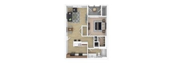 A top-down view of a small apartment layout with a kitchen, living room, and bathroom.