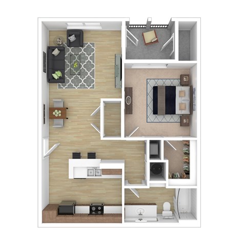 A top-down view of a small apartment layout with a kitchen, living room, and bathroom.