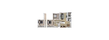 A floor plan of a house with a kitchen, living room, and two bedrooms.