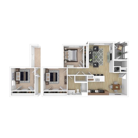 A floor plan of a house with a kitchen, living room, and two bedrooms.