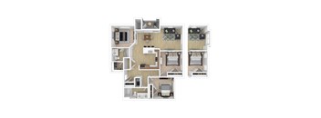 A 3D floor plan of a house with two bedrooms, a living room, a kitchen, and a bathroom.