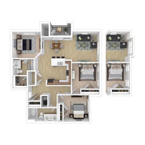 A 3D floor plan of a house with two bedrooms, a living room, a kitchen, and a bathroom.