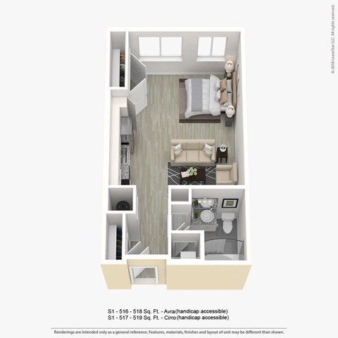 A handicap accessible apartment layout with a bedroom, living room, and bathroom.