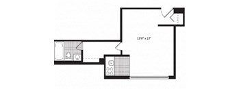 A floor plan of a room with a kitchen area and a bathroom.