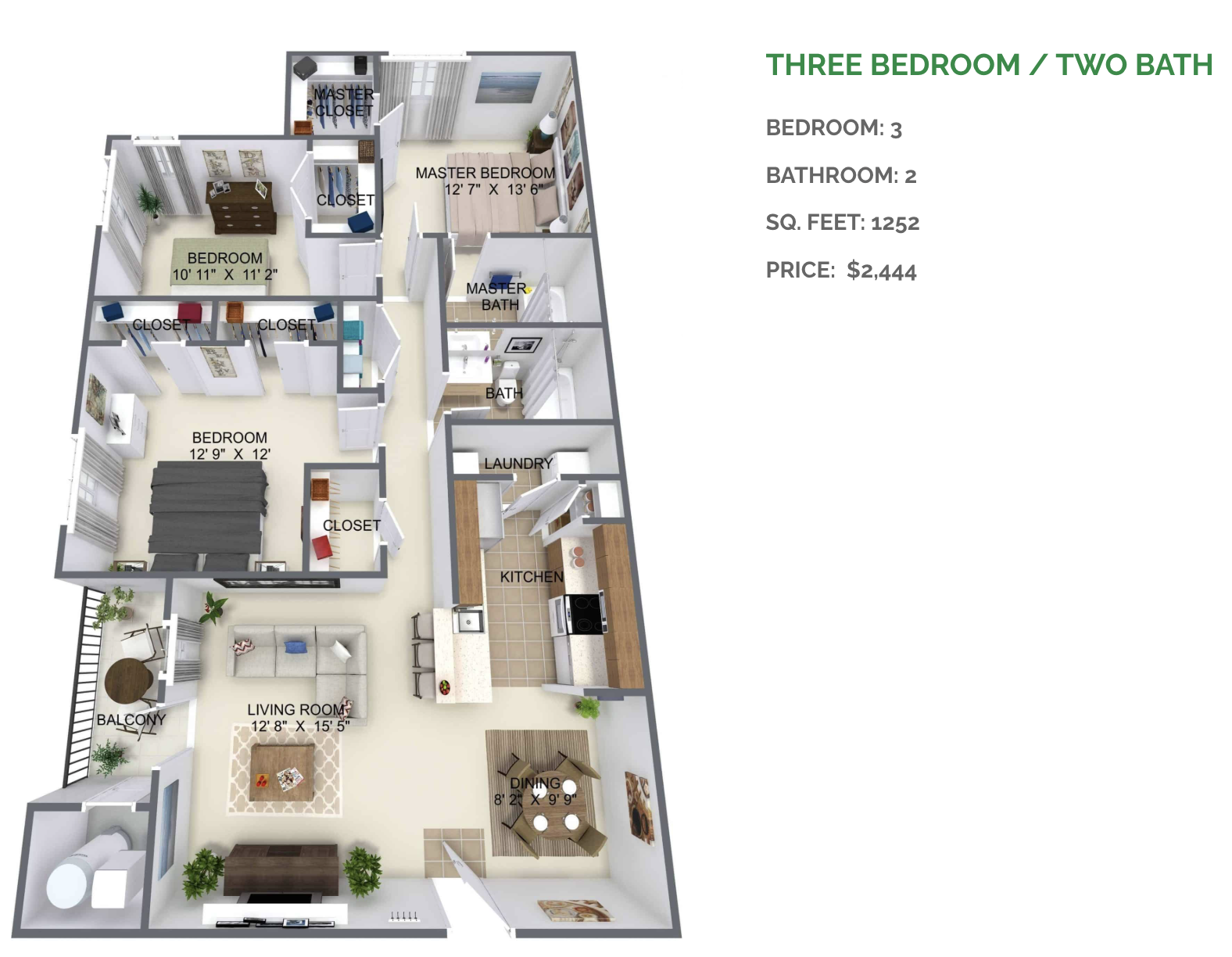 A floor plan of a three bedroom, two bathroom apartment.