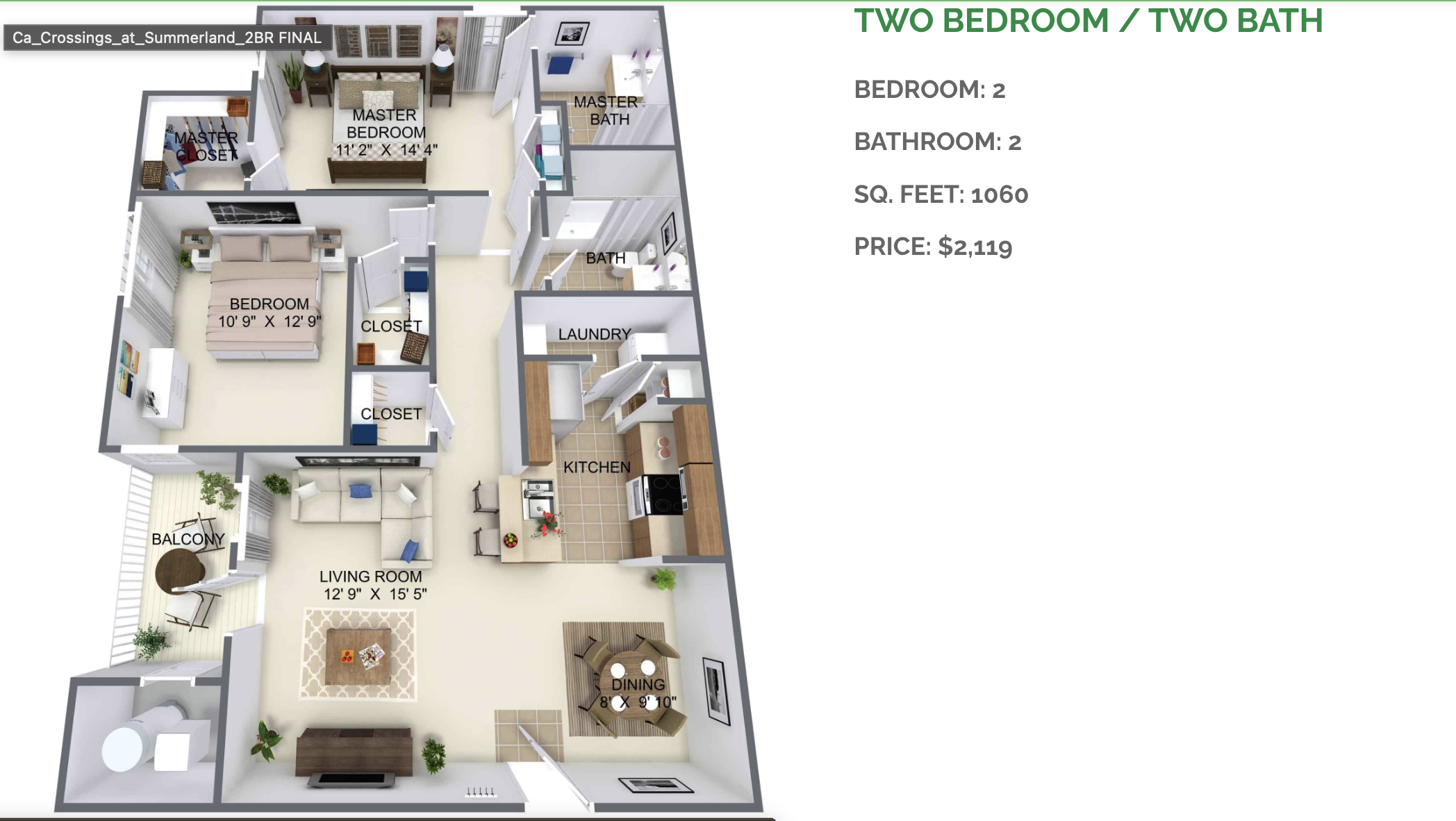 A floor plan of a two bedroom, two bath apartment with a living room, kitchen, and balcony.
