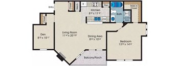 A floor plan of a house with a living room, dining area, kitchen, bath, and bedroom.