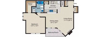 A floor plan of a house with a bedroom, bathroom, laundry area, kitchen, dining area, living room, and balcony.