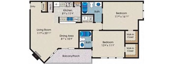 A floor plan of a house with a living room, dining area, kitchen, and three bedrooms.