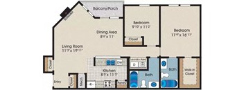 A floor plan of a house with a living room, two bedrooms, a dining area, a kitchen, a laundry area, and a walk-in closet.