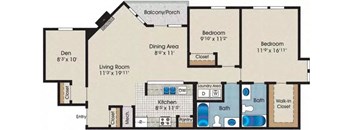 A floor plan of a house with a den, two bedrooms, a dining area, a living room, a kitchen, a laundry area, and a walk-in closet.