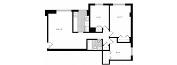 A black and white floor plan of a house with a kitchen, living room, and two bedrooms.