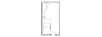 A floor plan of a house with a kitchen, bathroom, and bedrooms.