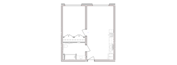 A floor plan of a room with a kitchen, bathroom, and bed.