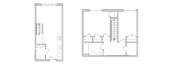 Two floor plans of a house with a staircase.