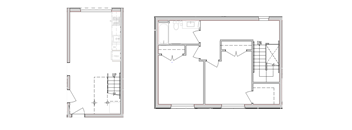 Two floor plans for a house, one with a kitchen and one with a bathroom.
