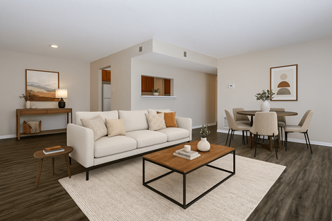 A living room with a white couch, a coffee table, and a dining table with chairs.