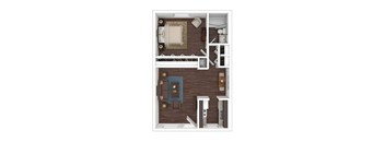 A top-down view of a room with a couch, a bed, a desk, and a chair.