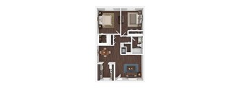A top-down view of a small apartment layout with a kitchen, living room, and bathroom.