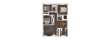 A 3D floor plan of a small apartment with a kitchen, living room, and bedroom.