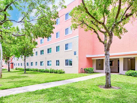 A tree stands in front of a building with a red door.