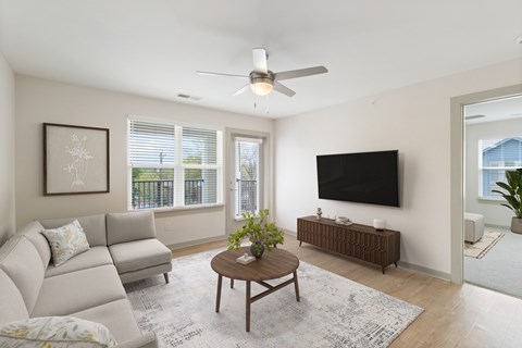 A living room with a grey couch, a coffee table, a flat screen TV and a potted plant.