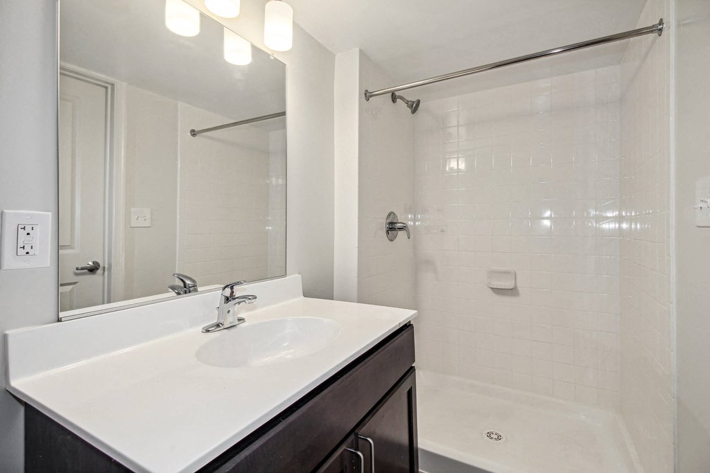 a bathroom with a sink and a shower and a mirror