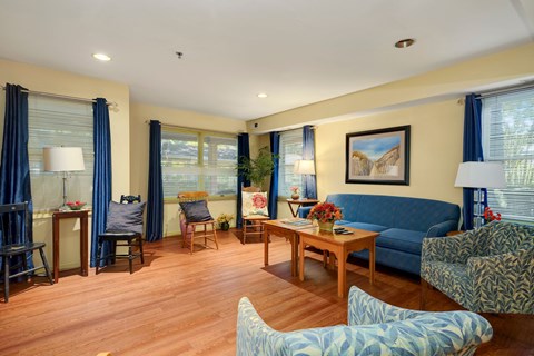 A living room with a blue couch and wooden floors.