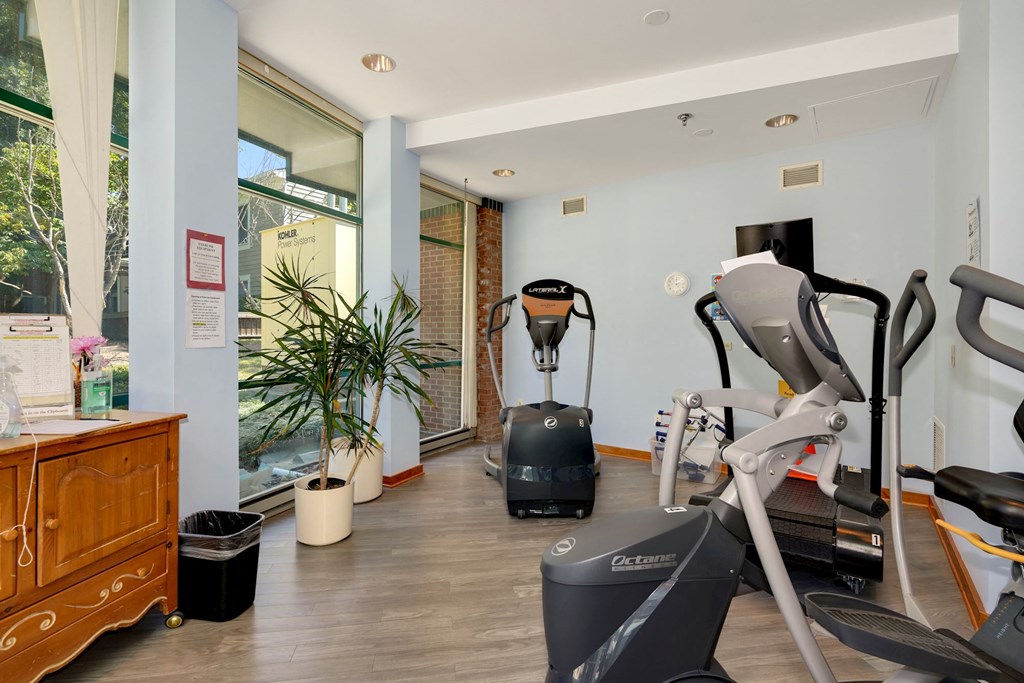 a gym with a treadmill and exercise equipment in the corner