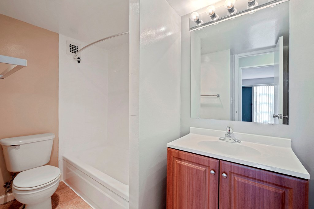 A bathroom with a toilet, sink, and mirror.