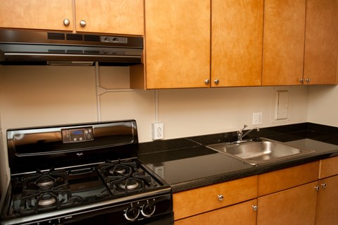 A kitchen with a stove and sink.