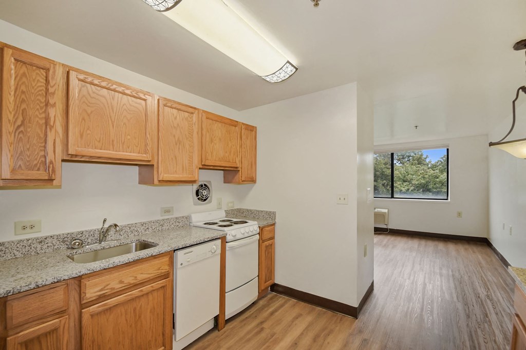 a kitchen with wooden cabinets and white appliances and a window