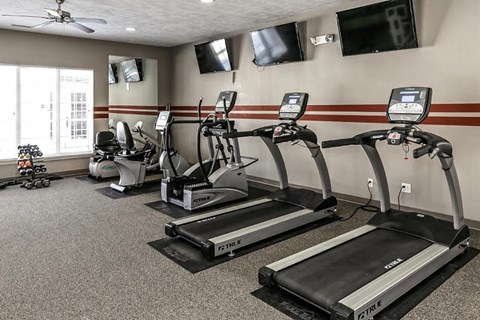 our gym has a lot of cardio equipment and flat screen tv