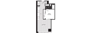 A floor plan of a small apartment with a bedroom, living/dining area, kitchen, and bathroom.