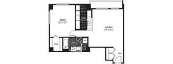 A black and white image of a floor plan for a small apartment.