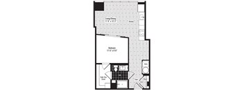 A black and white image of a floor plan for a small apartment.