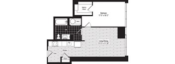 A floor plan of a small apartment with a bedroom, living room, kitchen, and bathroom.