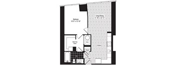 A black and white image of a floor plan for a small apartment.