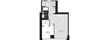 A floor plan of a small apartment with a bedroom, living room, and kitchen.