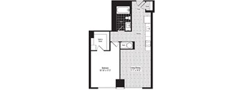 A black and white image of a floor plan for a small apartment.