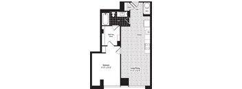 A black and white image of a floor plan for a small apartment.
