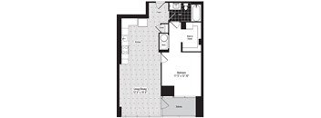 A black and white floor plan of an apartment with a living area, kitchen, bathroom, and bedroom.