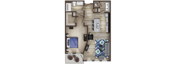 A floor plan of a house with a kitchen, living room, and bathroom.