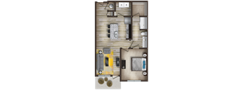 A floor plan of a room with a kitchen, living room, and bathroom.