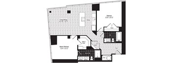 A black and white floor plan of a house with a living room, kitchen, two bedrooms, a bathroom, and a mechanical room.