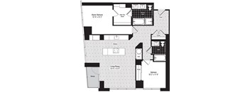 A black and white image of a house floor plan with a master bedroom, living room, kitchen, and bathroom.